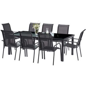 Salon de jardin en aluminium et verre trempé Black Edition (Table et 8 fauteuils)