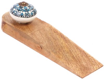 Bloc porte en bois de manguier avec bouton en grès Paon (Modèle 3)
