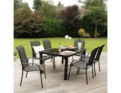 Salon de jardin en aluminium et verre trempé Black Edition (Table et 6 fauteuils)