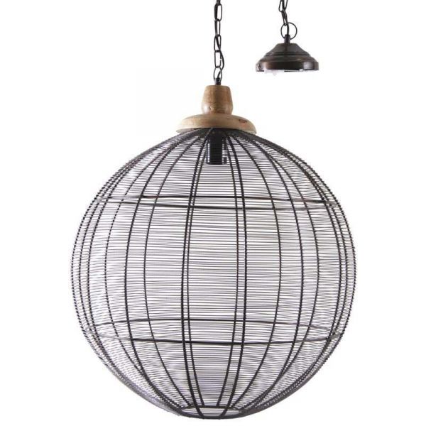 Lampe suspension en métal laqué gris et bois - AUBRY GASPARD
