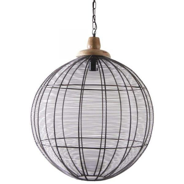 Lampe suspension en métal laqué gris et bois