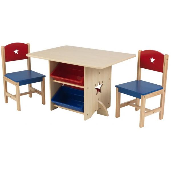 Table, chaises et bac rangement enfant en bois