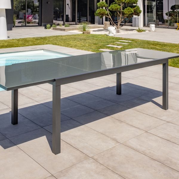 Table de jardin en aluminium et plateau verre avec rallonge intégrée Tolede - 519