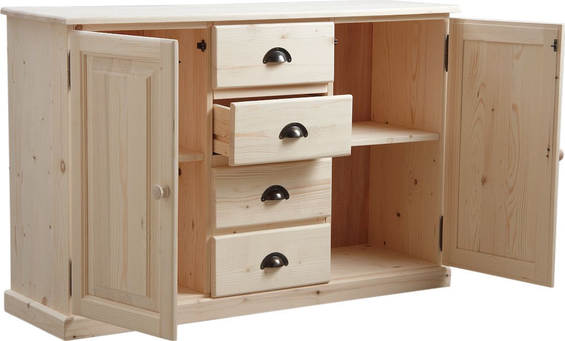 Meuble bois brut 2 portes 4 tiroirs