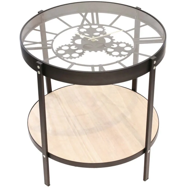 Table d'appoint en métal et bois horloge