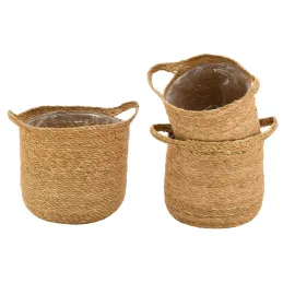 Cache-pots ronds en jonc doublure plastifiée (Lot de 3)