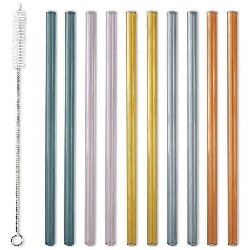Set 10 pailles droites en verre coloré avec goupillon