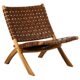 Fauteuil pliant en teck et cuir de vache tressé Cimahi