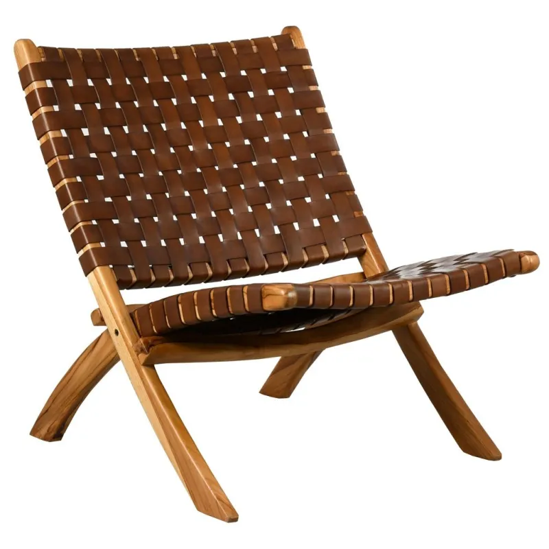 Fauteuil pliant en teck et cuir de vache tressé Cimahi