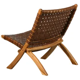 Fauteuil pliant en teck et cuir de vache tressé Cimahi