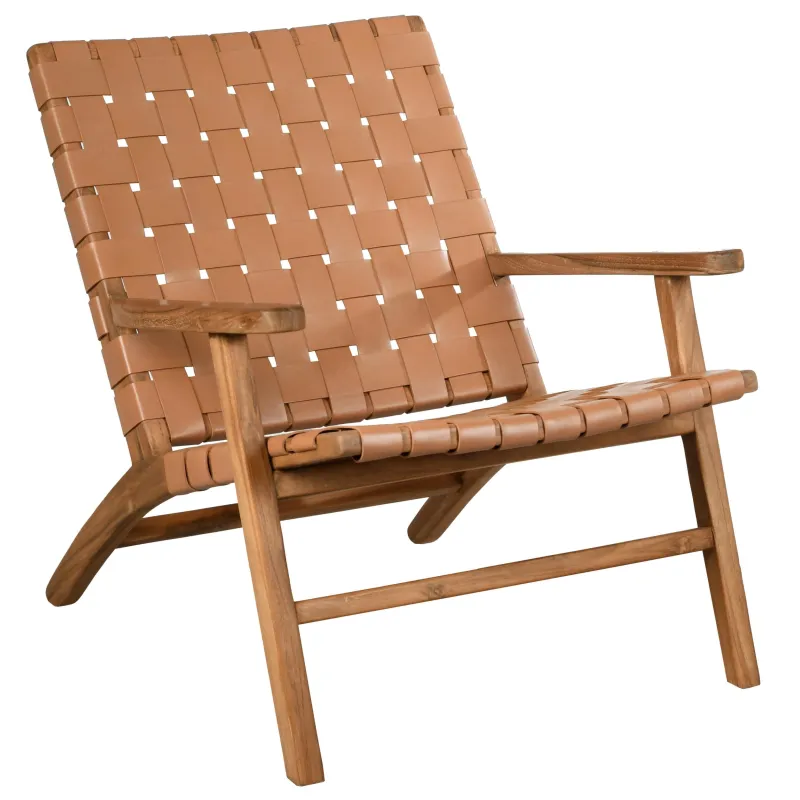 Fauteuil en teck et cuir de vache camel Munduk