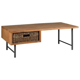 Table basse en bois, métal et rotin
