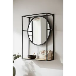 Miroir étagère en métal, verre et bois