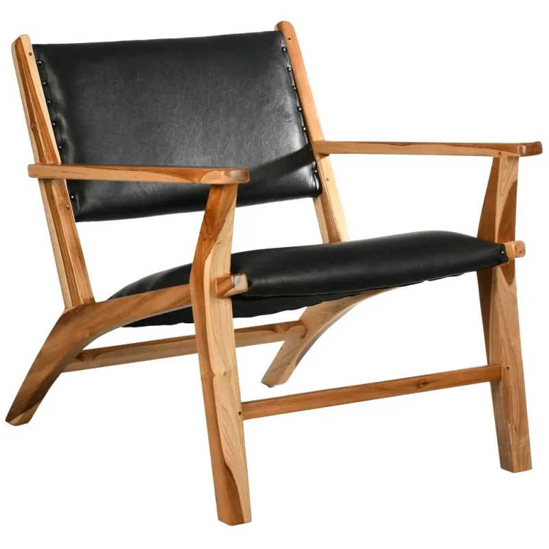 Fauteuil en teck et cuir de vache noir Makassar