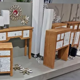 Commode de rangement en bois et blanc motif fleur Agnette