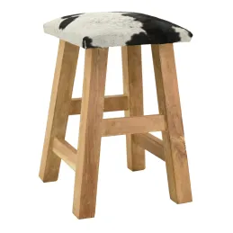 Tabouret carré en bois recyclé et peau de vache