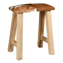 Tabouret rectangle en bois recyclé et peau de vache