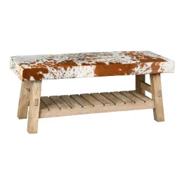 Banc avec étagère en bois recyclé et peau de vache