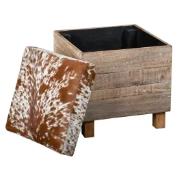 Coffre pouf carré en bois recyclé et peau de vache