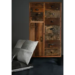 Commode haute en bois recyclé et métal