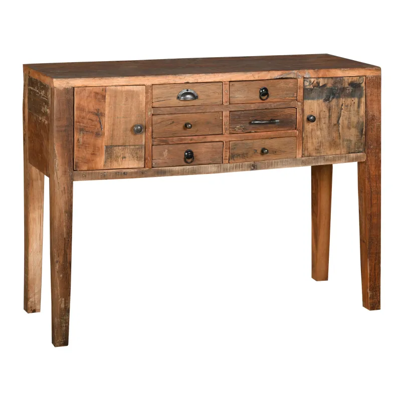 Console en bois recyclé et métal 6 tiroirs