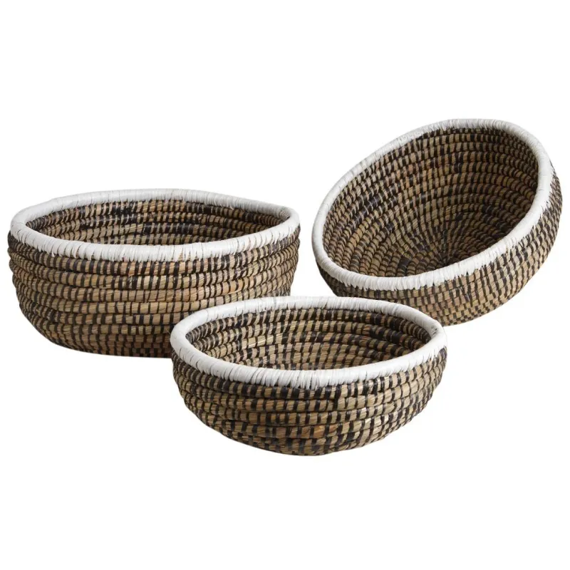 Corbeilles rondes en jonc naturelles, noires et blanches (lot de 3)