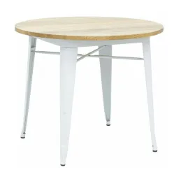 Table ronde industrielle en métal blanc et bois d'orme huilé