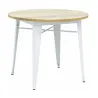 Table ronde industrielle en métal blanc et bois d'orme huilé