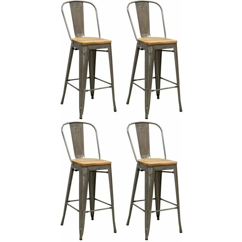 Tabouret industriel en métal et bois d'orme huilé (Lot de 4)