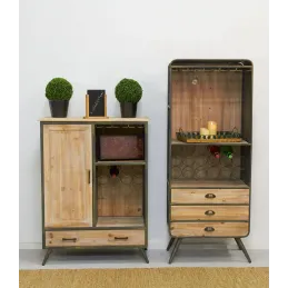 Meuble bar en bois et métal étagères et tiroirs