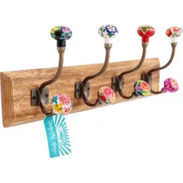 Patère en bois de manguiet et fer 4 crochets Batik