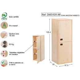 Armoire en pin brut 2 portes 4 tablettes Dinamic