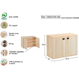 Armoire en pin brut 2 portes 3 tablettes Dinamic