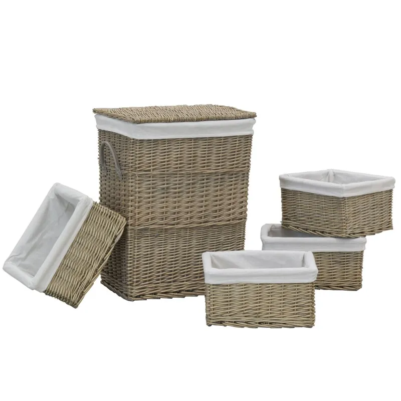 Panier à linge + 4 corbeilles en osier gris (Lot de 5)