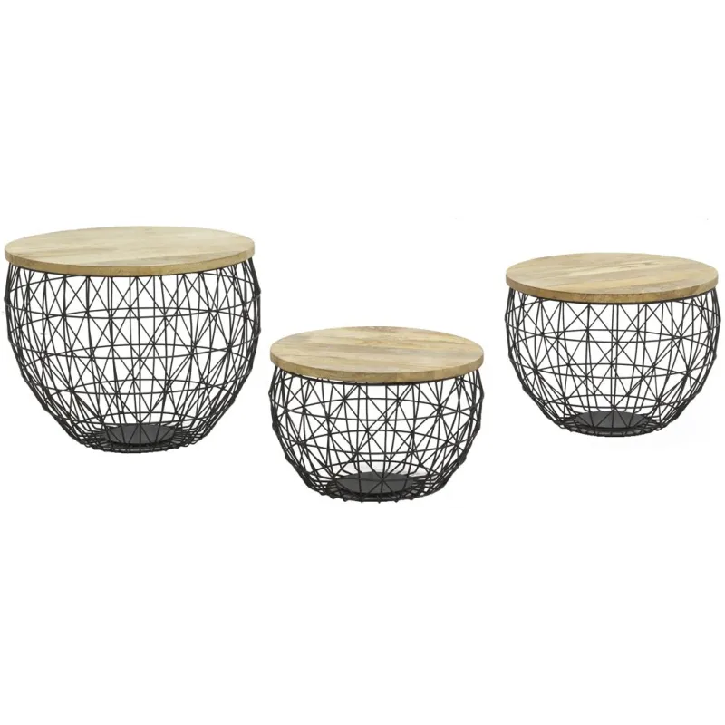Tables basses en métal et manguier (Lot de 3)