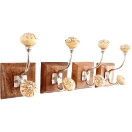 Patère en bois et céramique double crochet (Lot de 4)