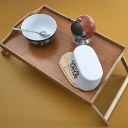 Beurrier en porcelaine plateau en bambou Rétro