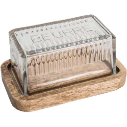 Beurrier en verre plateau en bois de manguier
