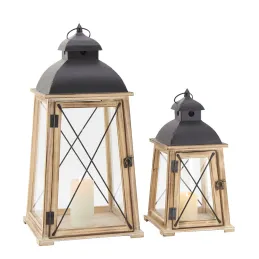 Lanternes en pin et métal (Lot de 2)