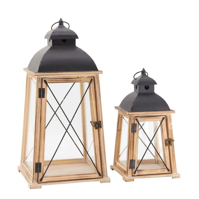 Lanternes en pin et métal (Lot de 2)