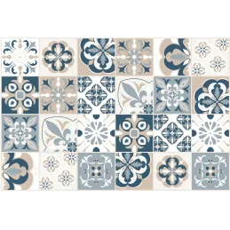 Tapis en vinyle effet carreaux de ciment mosaïque bleu beige