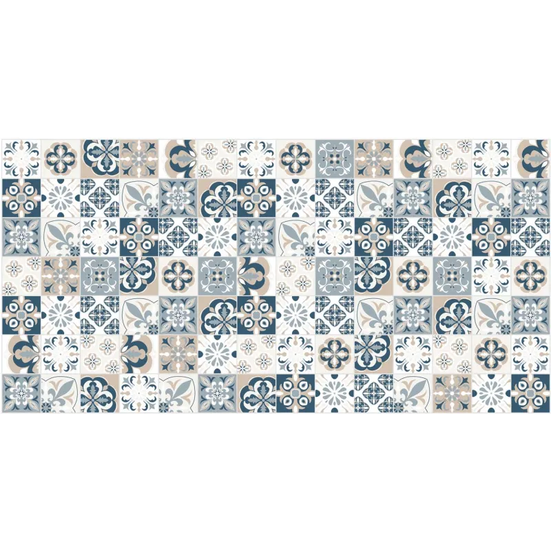 Tapis en vinyle effet carreaux de ciment mosaïque bleu beige