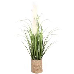 Graminées et plumeaux artificiels pot en corde hauteur 80 cm