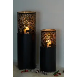 Grands photophores sur pied en métal avec décor cerf