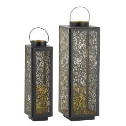 Lanternes en métal laqué noir carrée motif feuilles (Lot de 2)