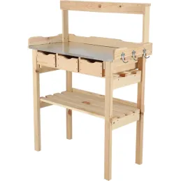 Table à rempoter en pin avec plateau zinc