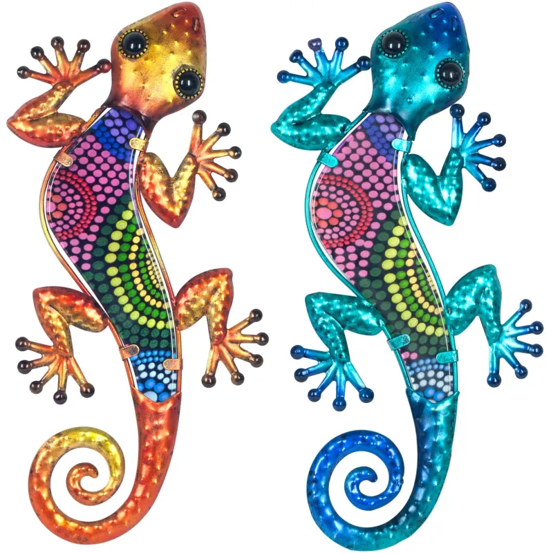 (Lot de 2)Gecko décoratif en métal et verre avec points colorés