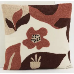 Coussin en coton brodé motifs floraux camaieu Terracotta
