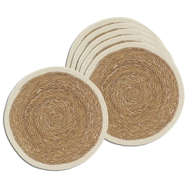Sets de table ronds en jonc naturel et jute teinté (Lot de 6)