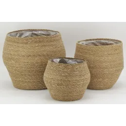 Cache-pots en jonc naturel et doublure plastique (Lot de 3)